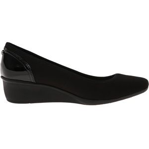 Never worn, black, square-round toe, soft fabric upper, low wedge, padded insole